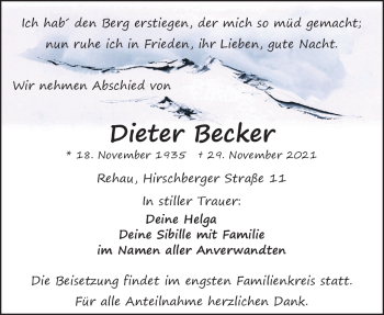Traueranzeige von Dieter Becker von Frankenpost