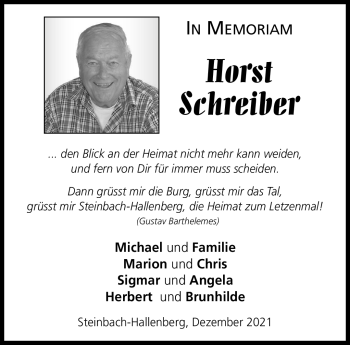 Traueranzeige von Horst Schreiber von Südthüringer Presse