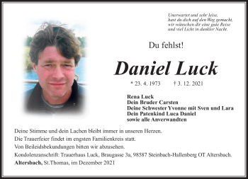 Traueranzeige von Daniel Luck von Südthüringer Presse