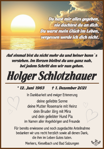 Traueranzeige von Holger Schlotzhauer von Südthüringer Presse