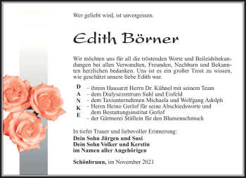 Traueranzeige von Edith Börner von Südthüringer Presse
