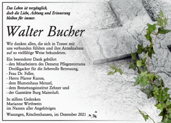 Traueranzeige von Walter Bucher von Südthüringer Presse