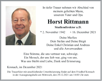 Traueranzeige von Horst Rittmann von Neue Presse Coburg