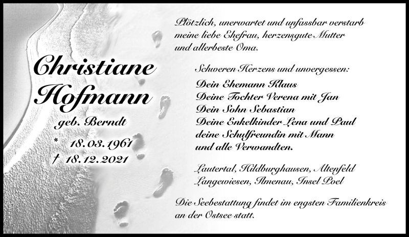  Traueranzeige für Christiane Hofmann vom 24.12.2021 aus Neue Presse Coburg