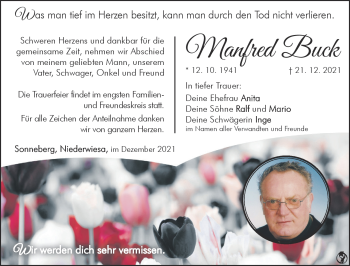 Traueranzeige von Manfred Buck von Südthüringer Presse