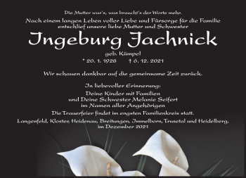 Traueranzeige von Ingeburg Jachnik von Südthüringer Presse
