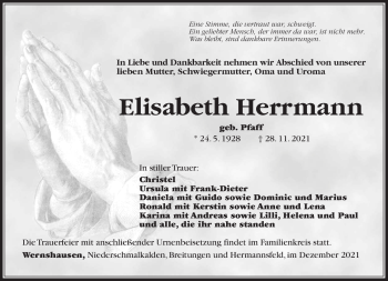 Traueranzeige von Elisabeth Herrmann von Südthüringer Presse