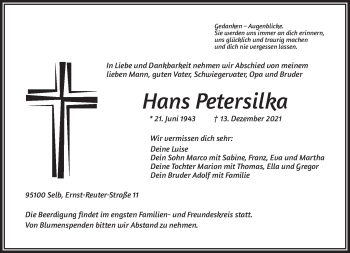 Traueranzeige von Hans-Peter Petersilka von Frankenpost