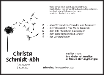 Traueranzeige von Christa Schmidt-Röh von Südthüringer Presse