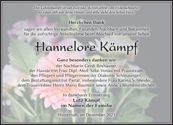 Traueranzeige von Hannelore Kämpf von Südthüringer Presse