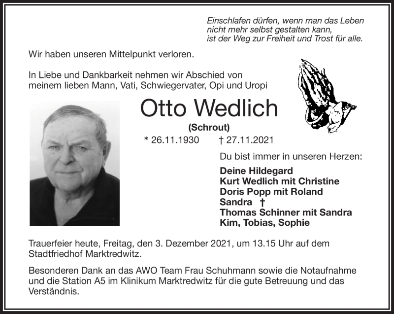  Traueranzeige für Otto Wedlich vom 03.12.2021 aus Frankenpost