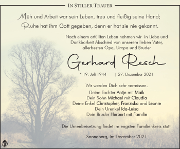 Traueranzeige von Gerhard Resch von Südthüringer Presse