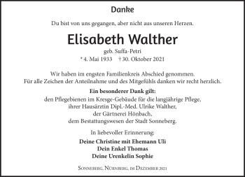 Traueranzeige von Elisabeth Walther von Südthüringer Presse