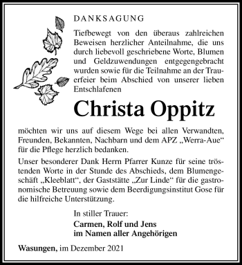 Traueranzeige von Christa Oppitz von Südthüringer Presse