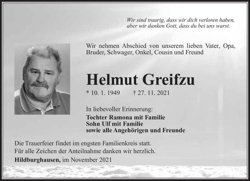  Traueranzeige für Helmut Greifzu vom 03.12.2021 aus Südthüringer Presse