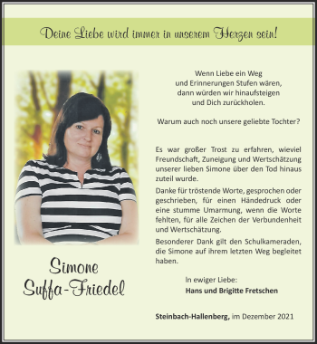 Traueranzeige von Simone Suffa-Friedel von Südthüringer Presse