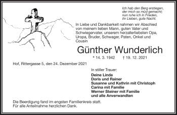 Traueranzeige von Günther Wunderlich von Frankenpost