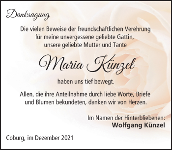 Traueranzeige von Maria Künzel von Neue Presse Coburg