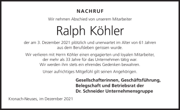 Traueranzeige von Ralph Köhler von Neue Presse Coburg