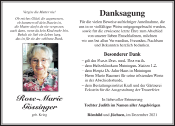 Traueranzeige von Rose-Marie Gössinger von Südthüringer Presse