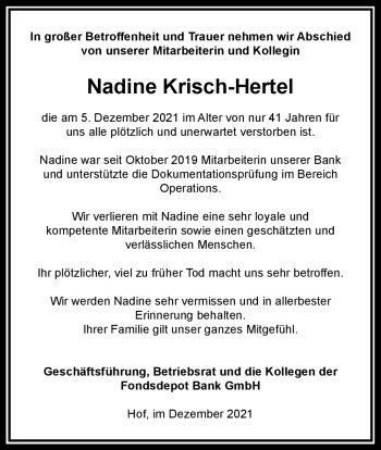 Traueranzeige von Nadine Krisch-Hertel von Frankenpost