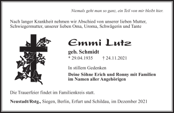 Traueranzeige von Emmi Lutz von Südthüringer Presse