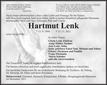 Traueranzeige von Hartmut Lenk von Südthüringer Presse