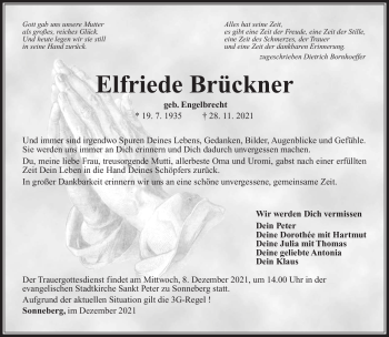 Traueranzeige von Elfriede Brückner von Südthüringer Presse
