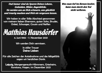 Traueranzeige von Matthias Hausdörfer von Südthüringer Presse