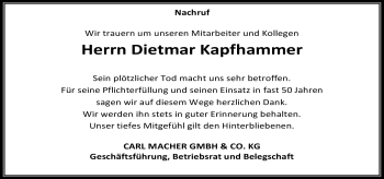 Traueranzeige von Dietmar Kapfhammer von Frankenpost
