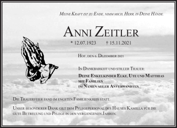 Traueranzeige von Anni Zeitler von Frankenpost