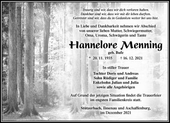 Traueranzeige von Hannelore Meinning von Südthüringer Presse