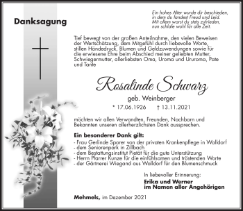 Traueranzeige von Rosalinde Schwwarz von Südthüringer Presse