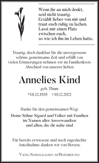 Traueranzeige von Annelies Kind von Südthüringer Presse
