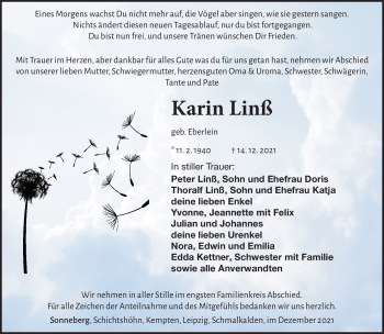 Traueranzeige von Karin Linß von Südthüringer Presse