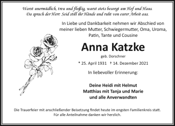 Traueranzeige von Anna Katzke von Frankenpost