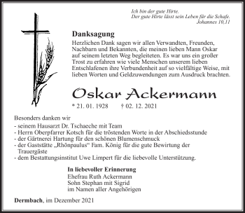 Traueranzeige von Oskar Ackermann von Südthüringer Presse