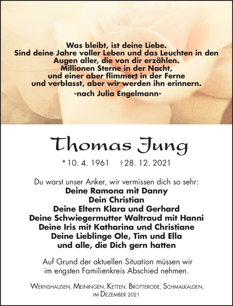  Traueranzeige für Thomas Jung vom 31.12.2021 aus Südthüringer Presse