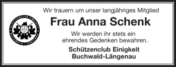 Traueranzeige von Anna Schenk von Frankenpost