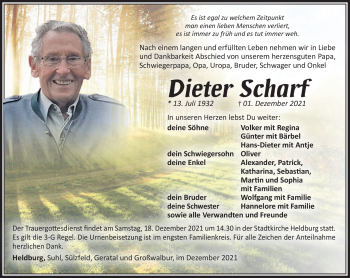 Traueranzeige von Dieter Scharf von Südthüringer Presse