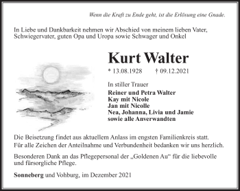 Traueranzeige von Kurt Walter von Südthüringer Presse