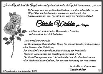 Traueranzeige von Christa Widder von Südthüringer Presse