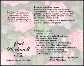Traueranzeige von Leni Reckwell von Südthüringer Presse