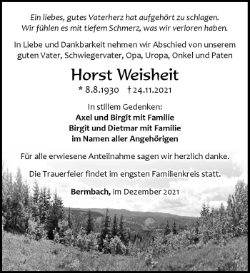 Traueranzeige von Horst Weisheit von Südthüringer Presse