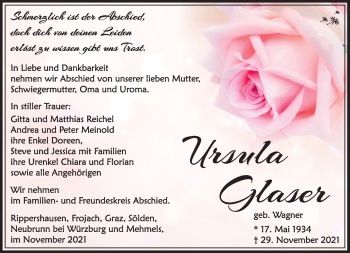 Traueranzeige von Ursula Glaser von Südthüringer Presse