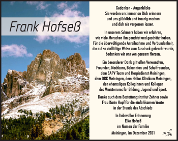 Traueranzeige von Frank Hofseß von Südthüringer Presse