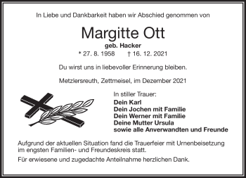 Traueranzeige von Margitte Ott von Frankenpost