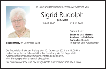 Traueranzeige von Sigrid Rudolph von Neue Presse Coburg