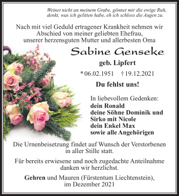 Traueranzeige von Sabine Genseke von Südthüringer Presse
