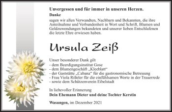 Traueranzeige von Ursula Zeiß von Südthüringer Presse